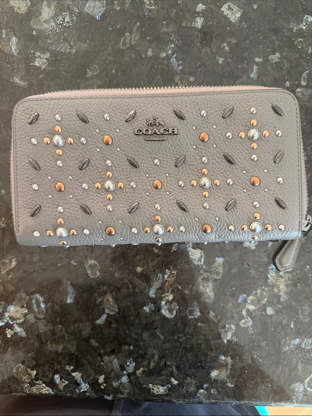 Coach Gray Studded Zip-Around Leather Wallet